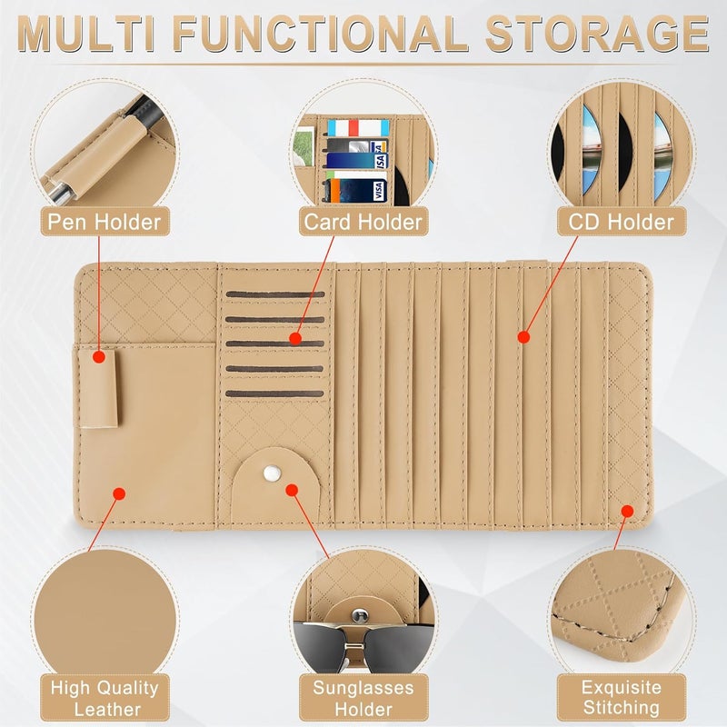 alpmosn Sun Visor CD Case Holder for Car - Multi-Function Visor Organizer with CD/DVD Storage, Eyeglass Clip, Card Slots & Pen Holder, Durable Leather Car Accessories (Beige) - Image 3